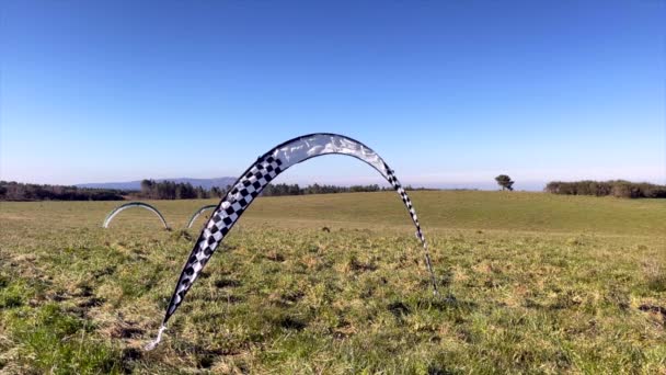 Bogentore Freien Auf Dem Rasen Mit Durchfliegenden Fpv Drohnen Drohnen — Stockvideo