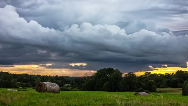 Nubes Oscuras Que Vuelan Sobre Campo Agrícola Durante Luz Solar — Vídeos de Stock