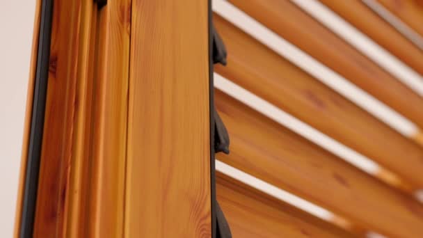 Brown Color Wooden Imitation Aluminium Shutters Rack Focus Shot — Stock Video