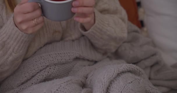 Vrouw Trui Die Warme Thee Drinkt Tijdens Het Koude Seizoen — Stockvideo