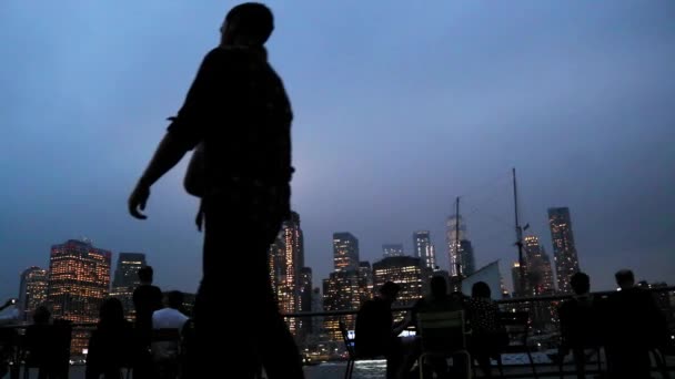 在布鲁克林大桥公园散步的人们 背景中的光之赞颂 — 图库视频影像