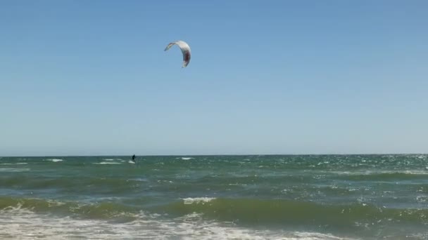 Vento Surfista Monta Ondas Céu Azul Claro Dia — Vídeo de Stock