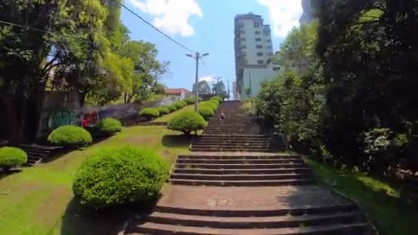 Girl Exercising Climbing Stairs Park Sunny Day Blue Sky Some — Stockvideo