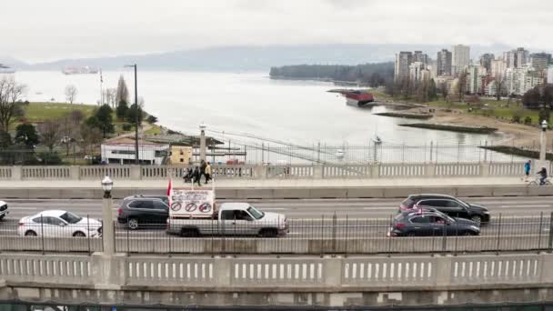 Traffic Build Burrard Bridge Trucker Freedom Convoy Protest Canada Aerial — Video