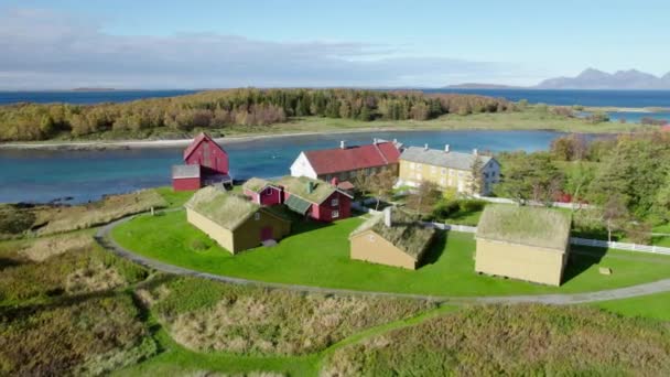 Aerial Orbital Shot Old Farming Village Sea Kjerringy Northern Norway — Vídeos de Stock