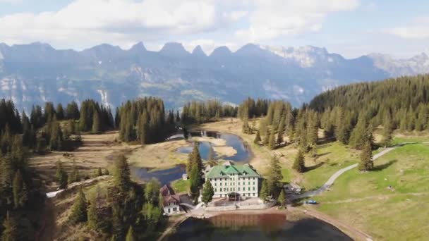 Aerial Flyover Seebenalp Flumserberg Switzerland Alpine Lake Historical Hotel Lake — Stock video