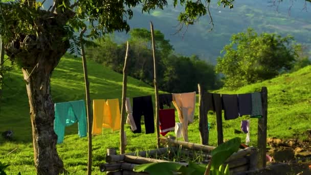 Clothes Hanging Dry Beautiful Green Hillside Landscape South America — Stockvideo