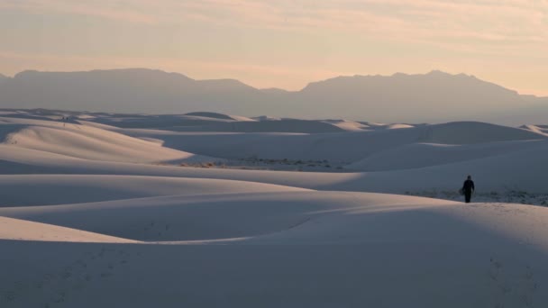 Vista Pôr Sol Homem Caminhando Através Dunas Areia Parque Nacional — Vídeo de Stock