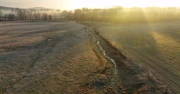 Streambed Meadow Pasture Fog Frost Sunrise Aerial View — Wideo stockowe