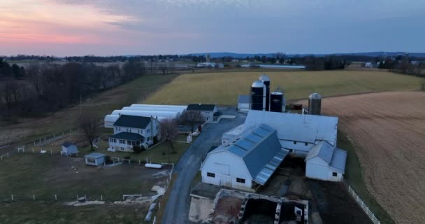 American Farm Barn Buildings Silo Greenhouse Winter Pasture Setting Aerial — стоковое видео