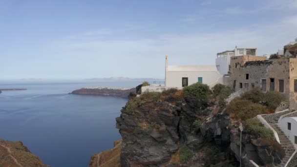 Aerial Drone Shot Passes Next Church Imerovigli Santorini Morning — Stock Video