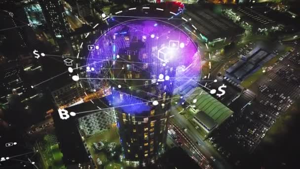 Metaverse Releated Icons Moving Rotating Globe Night City Background Render — ストック動画