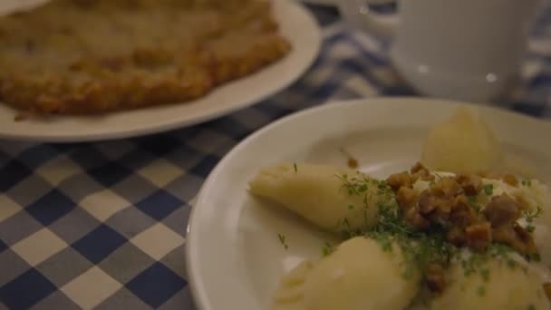 Batatas Schnitzel Sopa Almoço Toalha Mesa Verificada Restaurante — Vídeo de Stock