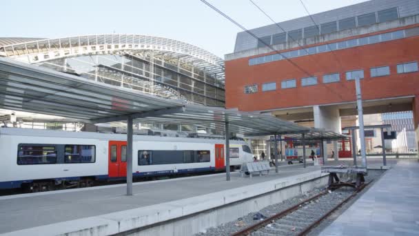 Fasaden Leuvens Järnvägsstation Dagen Tåg Väntar Vid Terminalen Redo Att — Stockvideo