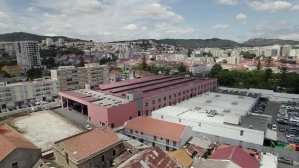 Historic Livramento Market Setubal City Aerial Pullback Revealing Coastal Cityscape — Video