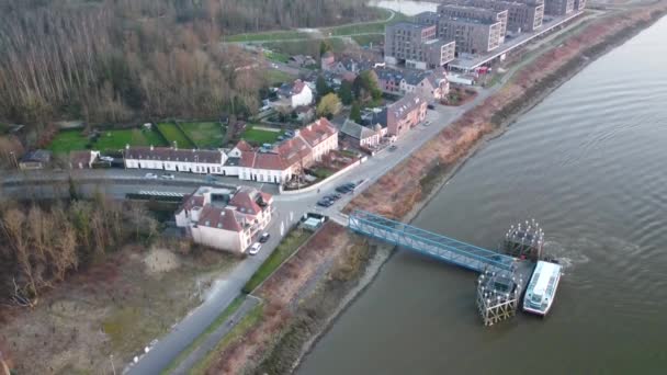 Passenger Transport Boat Docking Small Coastal Town River Scheldt Aerial — 비디오