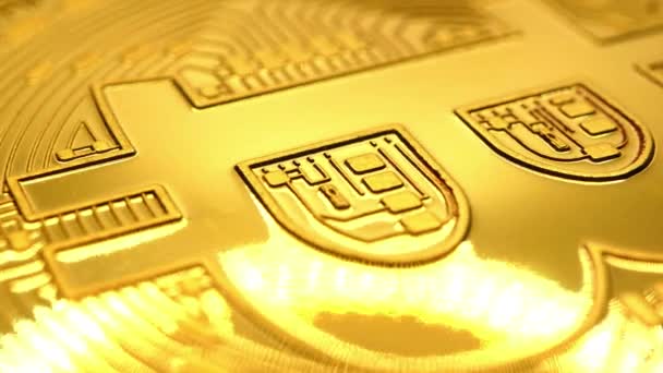 rotating golden bitcoin real coin, macro shot