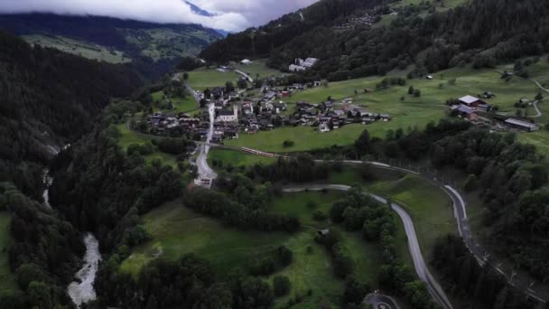 Aerial Flyover Rhone River Valley Valais Switzerland Pan View Train — Vídeo de Stock