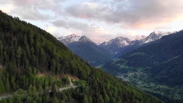 Aerial Flyover Forest Road Val Anniviers Luc Switzerland View Peaks — Stockvideo