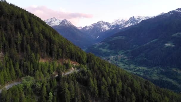 Aerial Flyover Forest Road Val Anniviers Luc Switzerland View Peaks — ストック動画