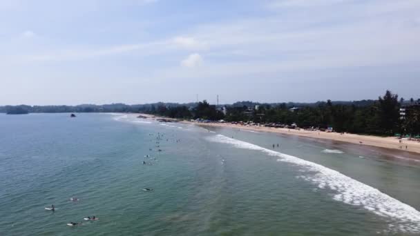 Areal Wide Seascape Donde Gente Surfeando Por Toda Bahía Mirissa — Vídeos de Stock