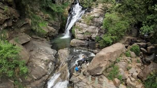 Aerial Drone Cascading Waterfall Rockpools Ravana Falls Ella Sri Lanka — Vídeos de Stock