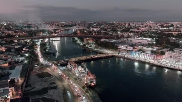 Ozama River Bridges Background Dusk Colonial Zone Santo Domingo Aerial — Stok video