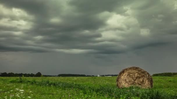 Green Meadows Hay Roll Clouded Sky Rural Farm Inglês Prazo — Vídeo de Stock