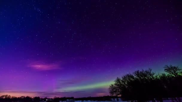 Renkli Aurora Borealis Kış Kırsalında Yıldızlı Bir Gökyüzünde Parlıyor Zaman — Stok video