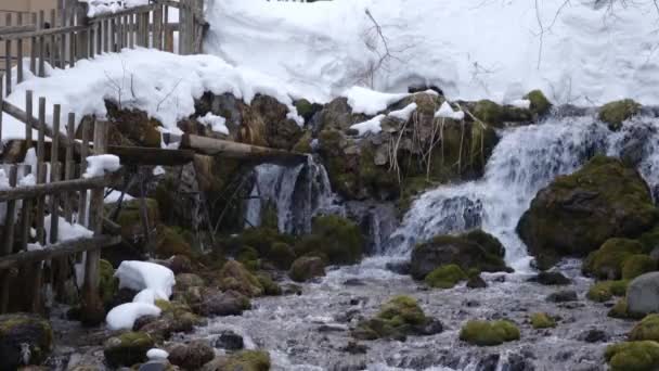 Rasant Fließendes Wasser Zwischen Den Großen Moosbedeckten Felsen Über Dem — Stockvideo