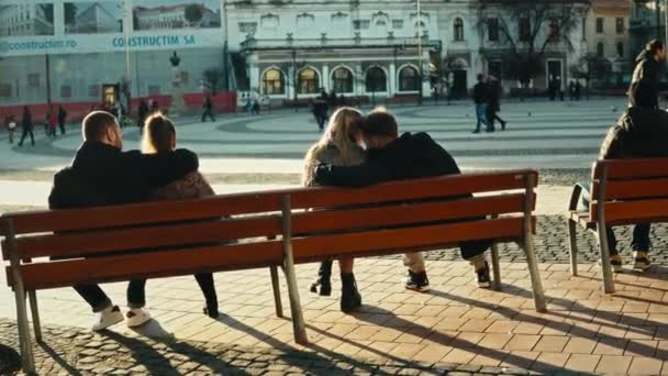 Happy Lovely Young Couple Share Kiss Park Bench — Stockvideo