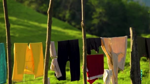 Close Roupas Penduradas Fora Para Secar Uma Bela Paisagem Verde — Vídeo de Stock