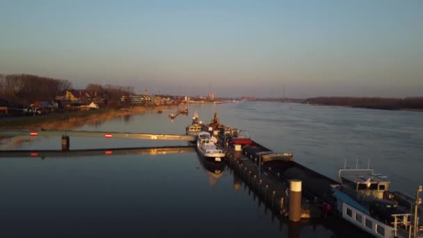 Μικρή Προβλήτα Πλοία Μεταφοράς Αγκυροβολημένα Στον Ποταμό Scheldt Εναέρια Ανάβαση — Αρχείο Βίντεο