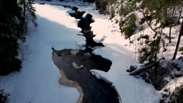 Letecký Pohled Zasněženou Řeku Švédském Lese Během Zimy — Stock video