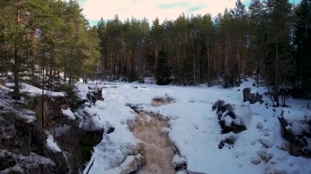 Flygfoto Över Ett Vattenfall Svensk Skog Vintern — Stockvideo