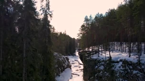 Aerial View Snow Covered River Swedish Forest Winter — Stockvideo