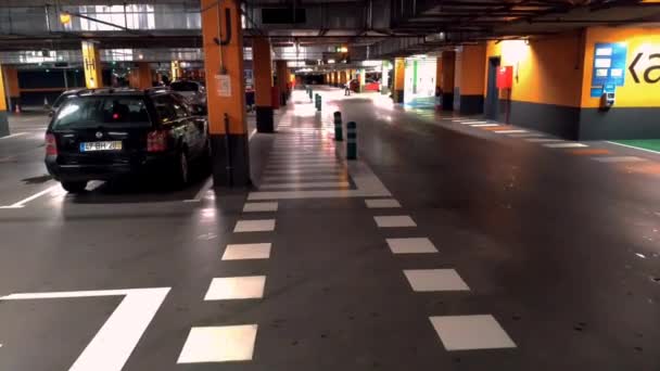 Pov Walking Pedestrian Path Underground Car Park Cancelas Shopping Center — Stockvideo