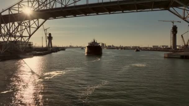 Aerial View Big Tanker Heading Harbor Bridge Port Corpus Christi — Stock Video