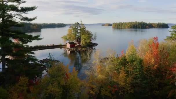 Aerial Drone View Low Foliage Branches Lodge Coast Lake Maine — Wideo stockowe