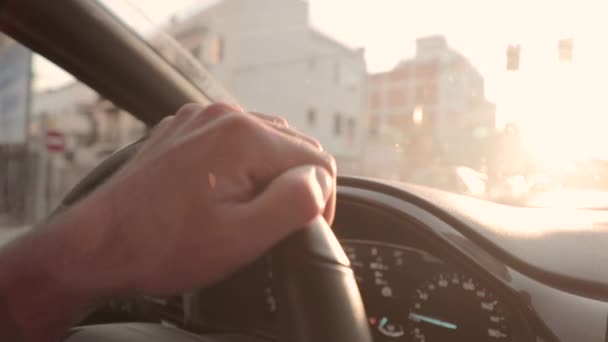 Slow Motion Close Person Hand Steering Car Wheel Golden Hour — Video