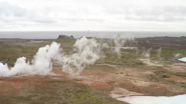 Geothermal Area Boiling Mud Pools Steaming Fumaroles Iceland Aerial Drone — Stockvideo
