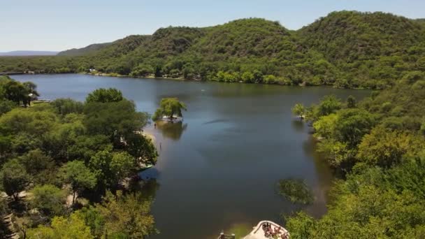 Aerial View Natural Lake Showing Group Kayaks Ready Paddling Nature — Video Stock