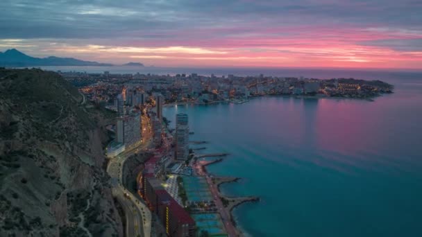 Drone Hyperlapse Spanish Coast Alicante Sunrise — стоковое видео