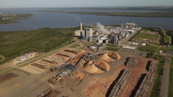 Air Pollution Smoking Chimneys Paper Mill Factory Fray Bentos Uruguay — стоковое видео