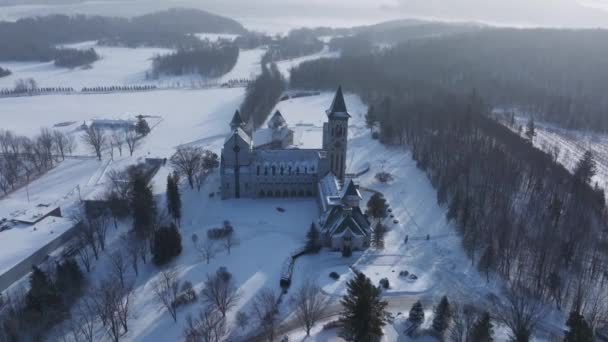 Grueso Invierno Nieve Cubriendo Hermoso Paisaje Quebec Plano Aéreo — Vídeo de stock