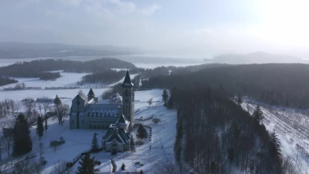 Thick Snow Covering Vast Landscape Small Township Benoit Quebec Aerial — стокове відео
