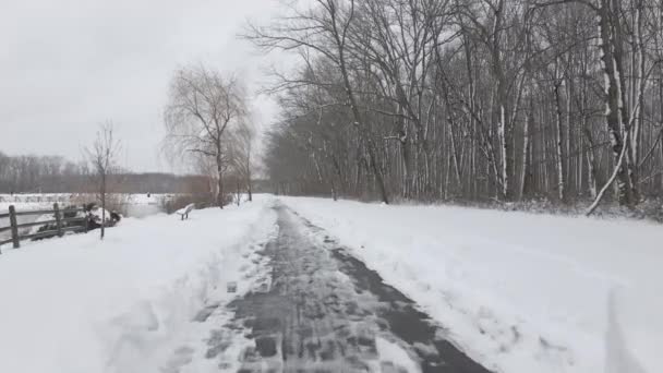 Low Fly Snowy Pathway Winter Park New Jersey Low Aerial — Stock video