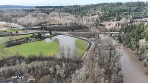 Cinematic Bird Eye Drone Shot Flooding Duwamish Green River Auburn — Vídeos de Stock