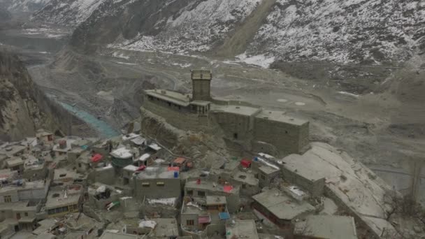 Aerial Flying Remote Hillside Village Hunza Valley Pakistan Dolly Forward — Stock video