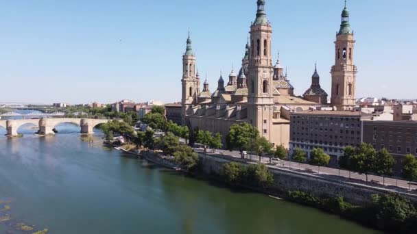 Zaragoza Aragon Spanje Luchtdrone Zicht Het Stadsgezicht Met Kathedraal Basiliek — Stockvideo